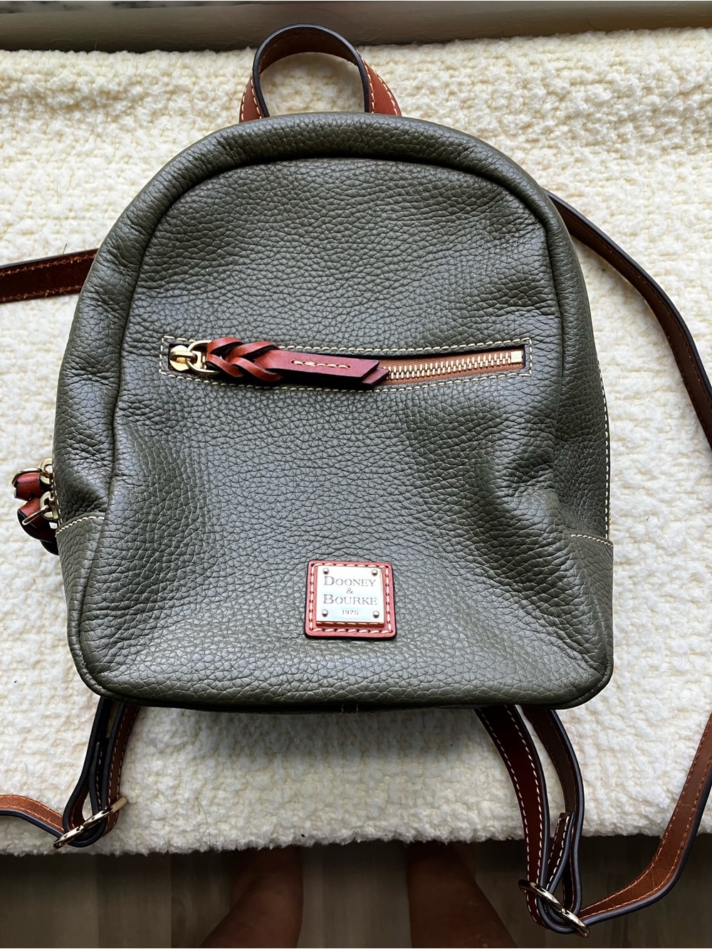 Dooney & Bourke Olive Pebble Leather Mini Backpack with Brown Trim